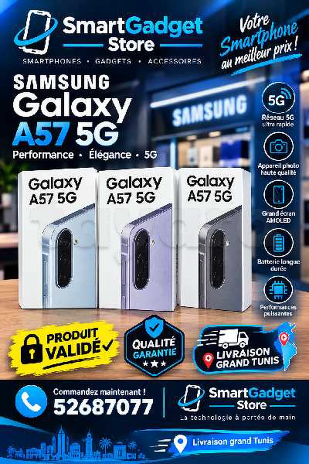Samsung Galaxy A57 5G (128/256Go)Neuf cacheté Sous blister Validé 52687077 à Tunis, Tunis — photo 1