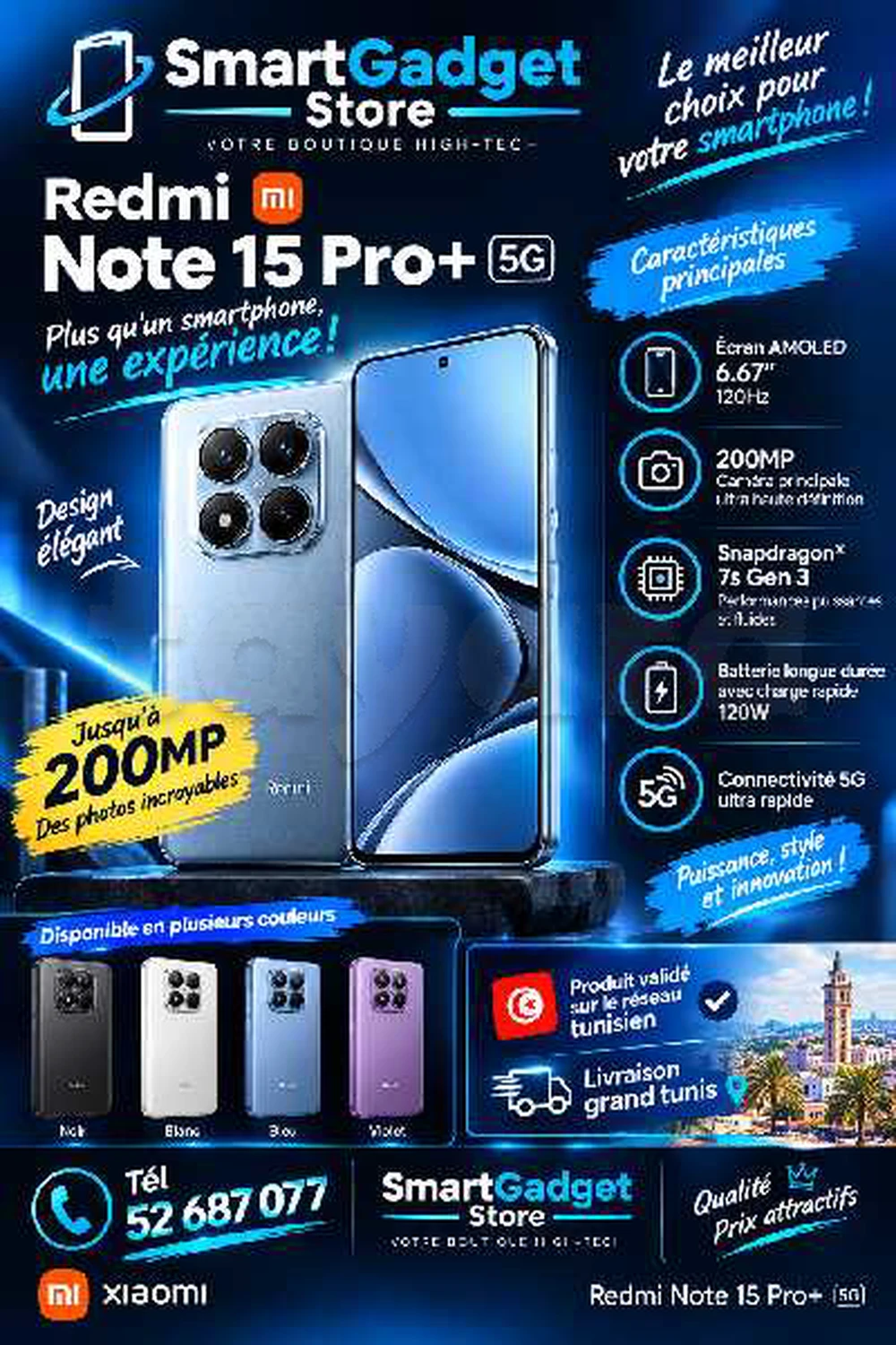 Xiaomi Redmi Note 15 pro plus 5G (256 Où 512go) Snapdragon 7s Gen 4 Neuf cacheté 52 687 077 à Tunis, Tunis — photo 1