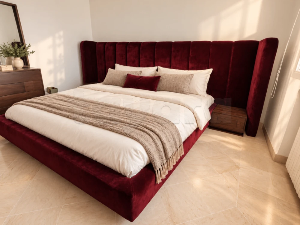 Lit King Size EDWARDS haut de gamme – Velours bordeaux – 180 × 200 cm à El Menzah 8, Ariana — photo 1