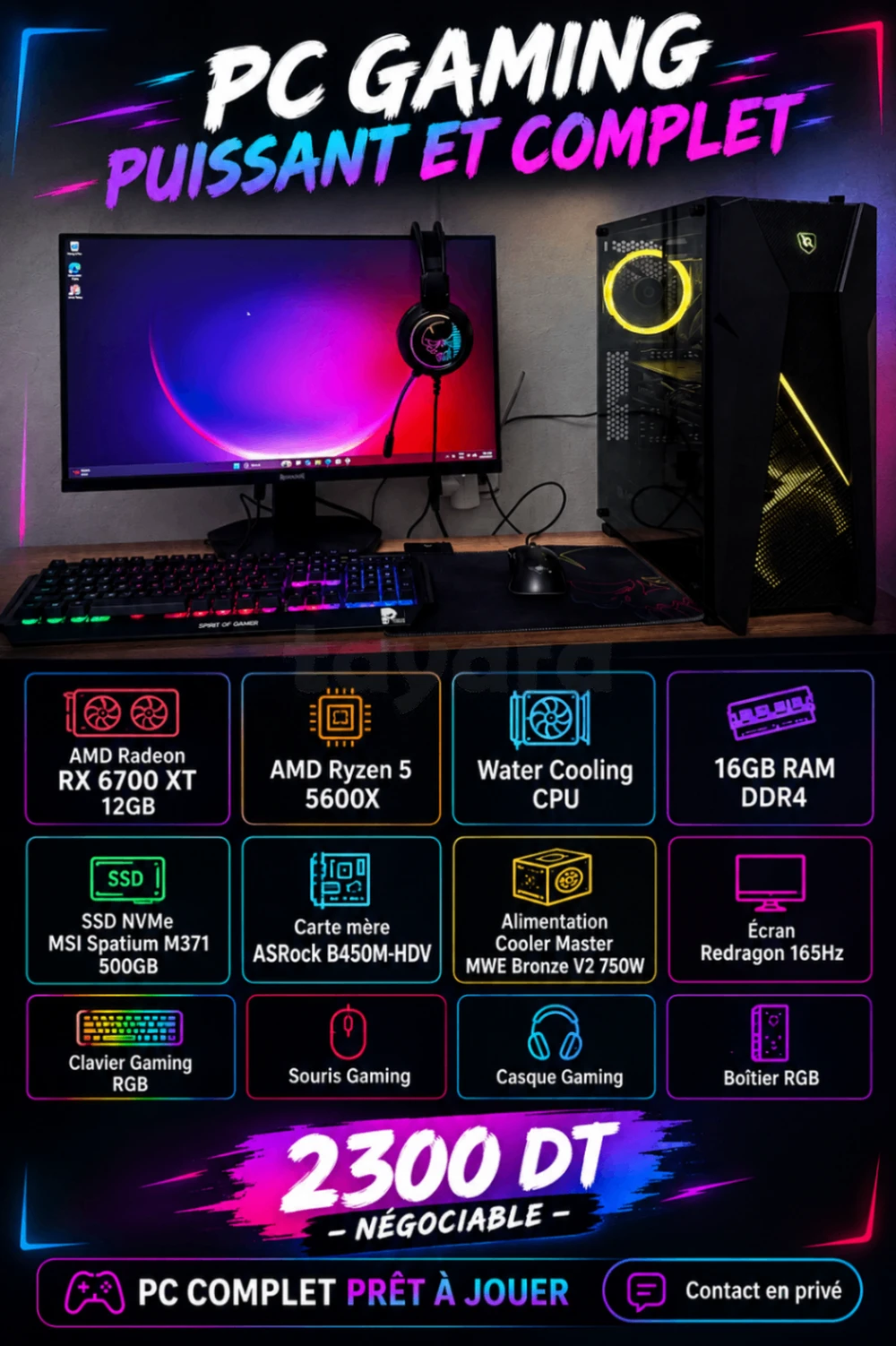 PC GAMING PUISSANT ET COMPLET – RX 6700 XT 12GB – 165Hz à Akouda, Sousse — photo 1